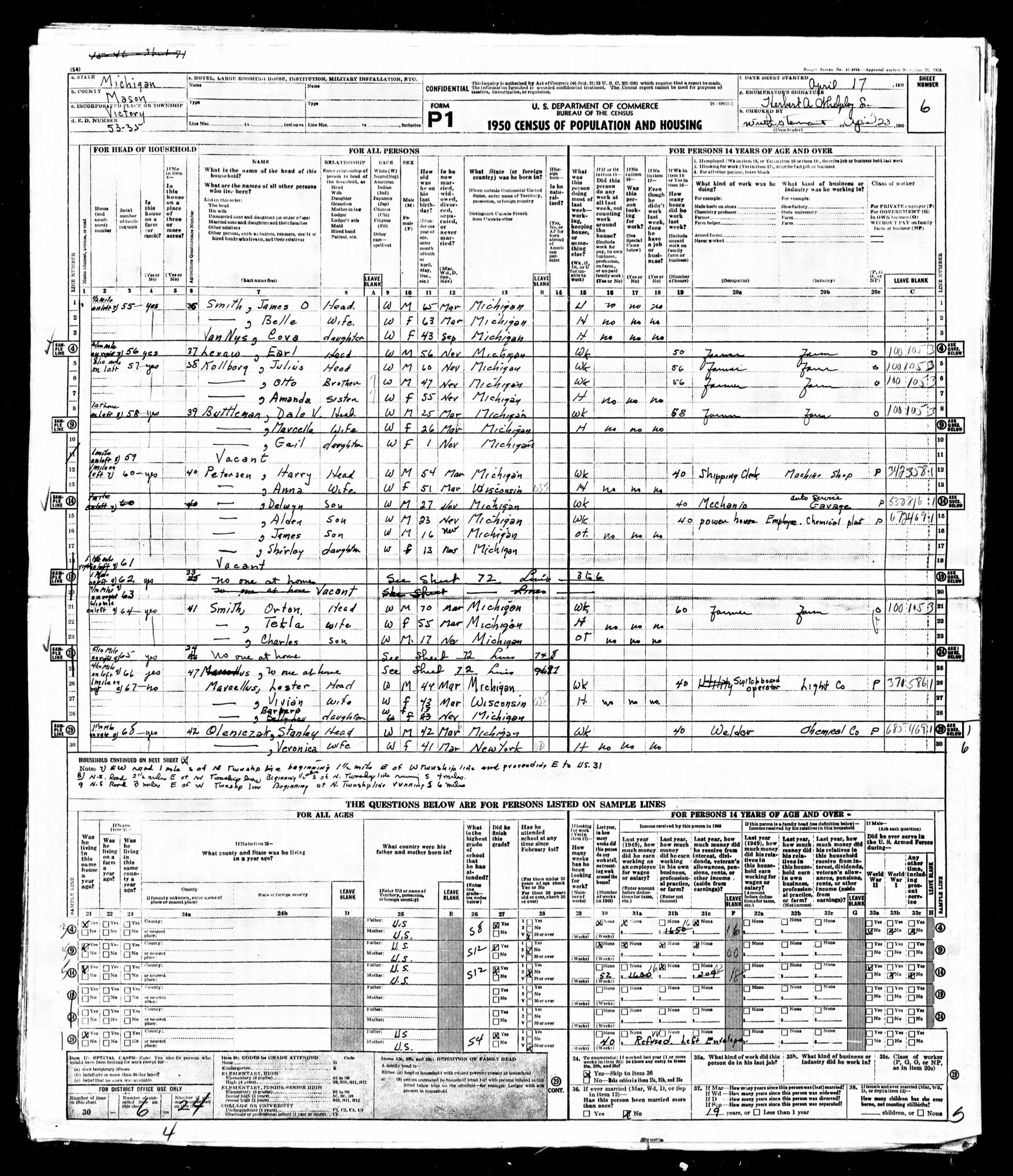 43290879-Michigan-035327-0007 (1) 1950 Census - Orton Smith