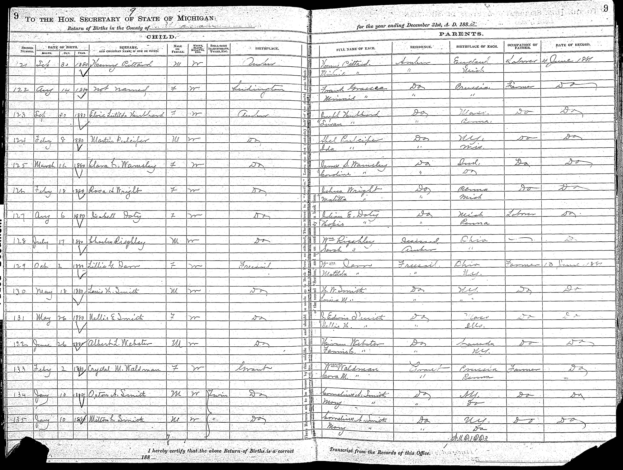 Orton Smith birth record